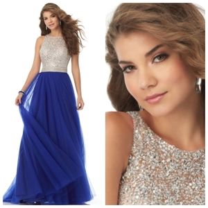 Nwot Glamour by Terani Couture Nude Illusion Crystal/Royal Blue Tulle Ba…